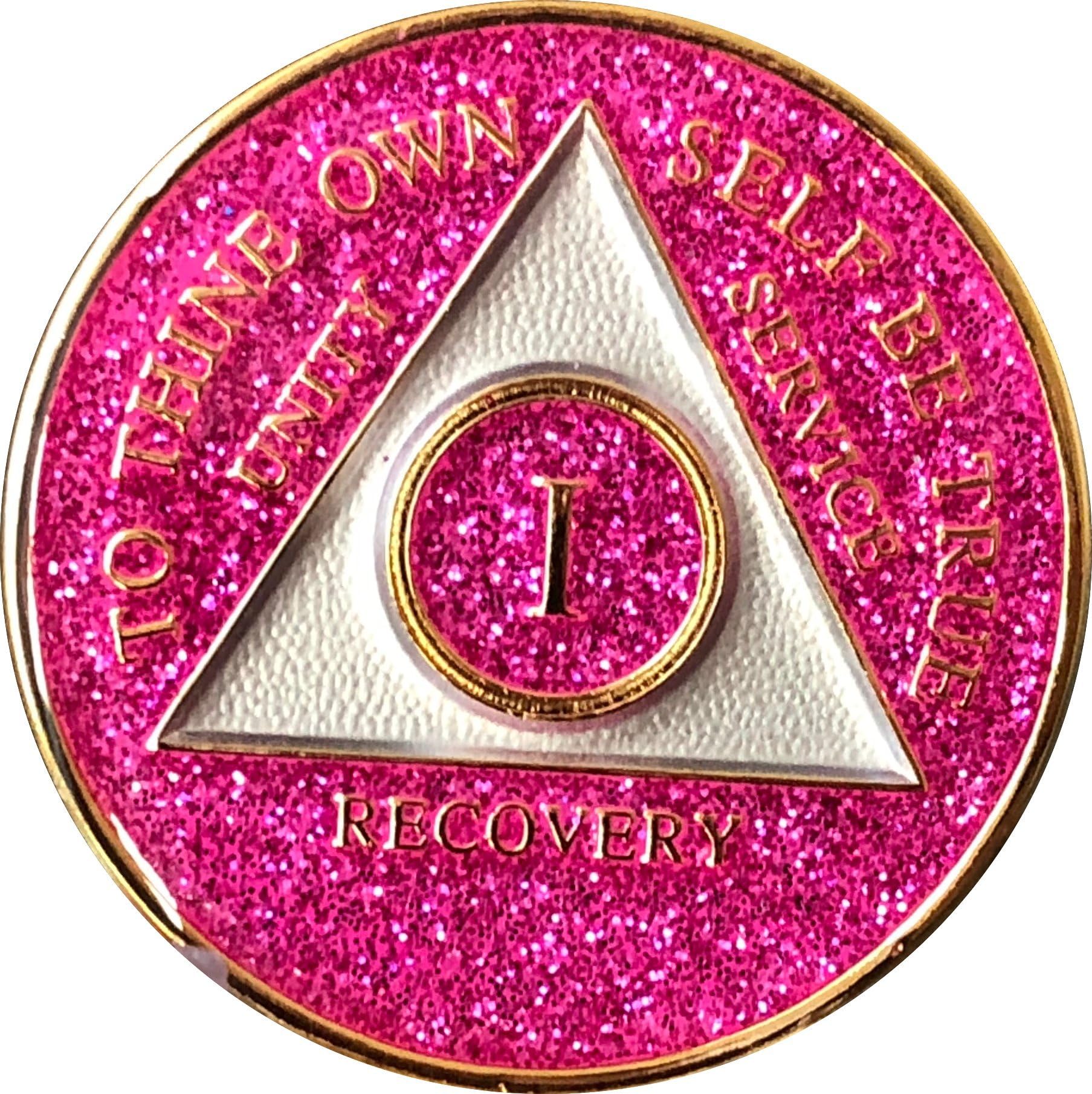 1 Year AA Medallion Glitter Pink Tri-Plate Chip
