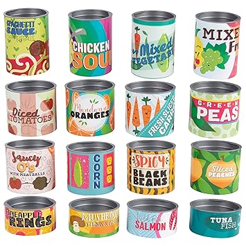 Cans Toys Grocery Store Play Set - 16-Piece Stackable Cardboard Cans with Removable Lids Kids Pretend Play Food Canned Goods Playhouse Kitchen Accessories for Boys and Girls 16 Assorted Designs