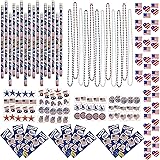156 Piece Bulk Pack 4th of July Patriotic Toy Novelty Assortment 72 Glitter Temporary Tattoos 12 Red White And Blue Metallic Bead Necklaces 12 Pencils 12 Sticker Sheets 12 Erasers Kids Party Favors