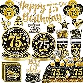 Yingoto 187pcs 75th Birthday Decorations for Men Disposable Dinnerware with Plates, Napkins, 2pcs Waterproof Tablecloth Banner Balloon Black and Gold 75th Birthday Decorations Serve 25 Guests
