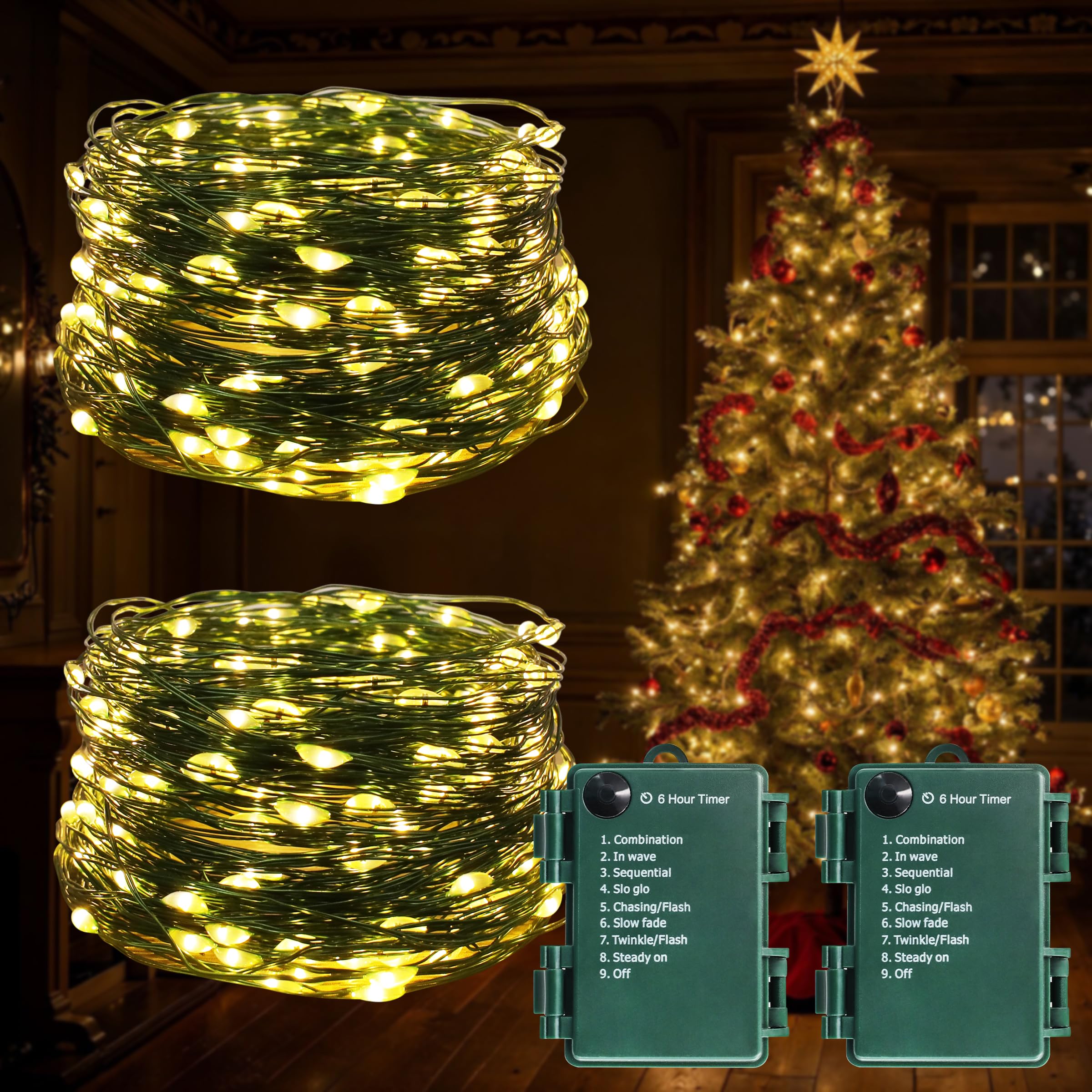 Photo 1 of 100LED Micro LED Lights 8 Modes with Twinkle String Light for Indoor Outdoor Christmas Tree Wreath Party Decoration Warm White 2Pack