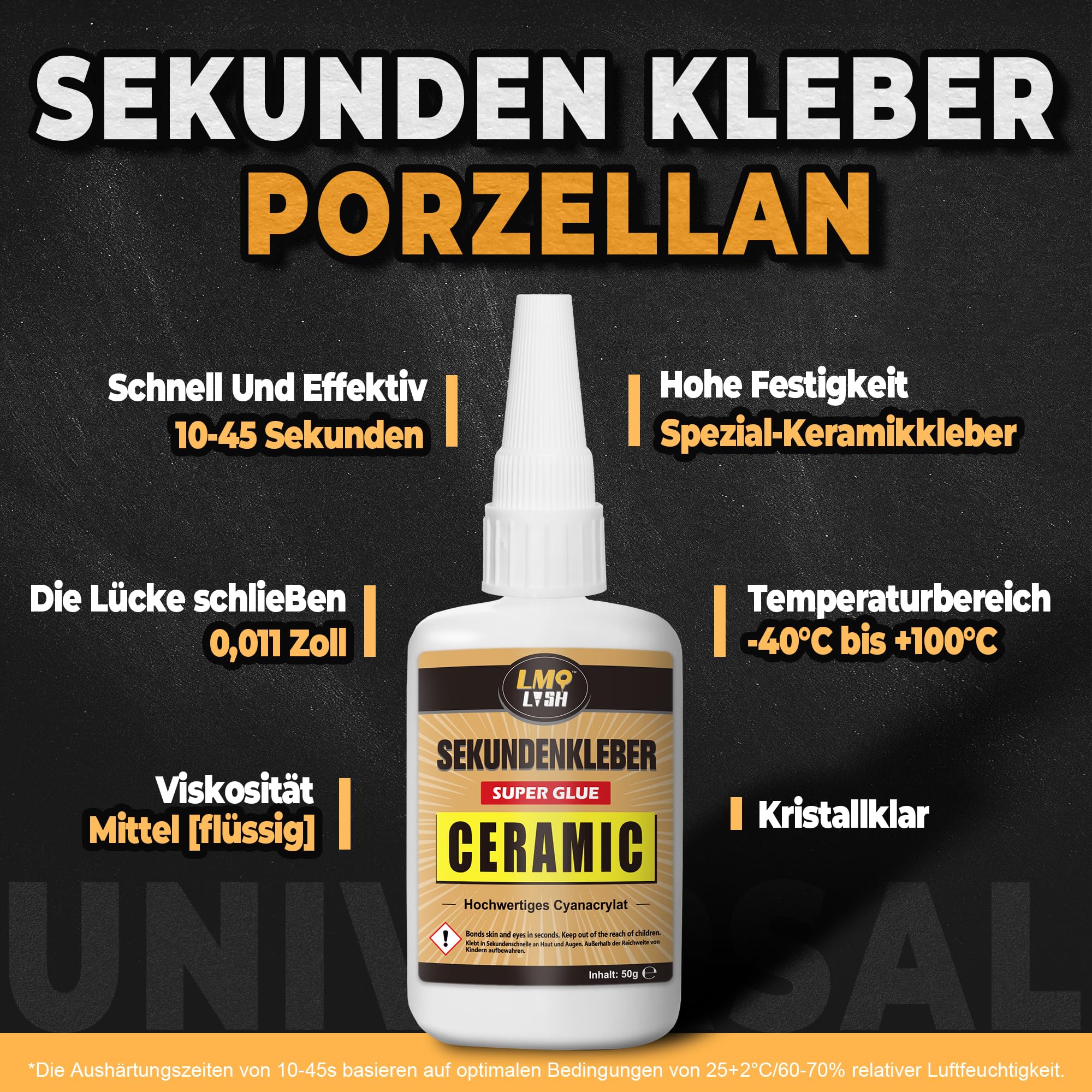 Sekundenkleber extra stark für Keramik und Porzellan 50g, Wasserfester und hitzebeständiger Porzellankleber, Keramikkleber mit Anti-Verstopfungskappe, Cyanacrylat(CA) Sekundenkleber für Keramik 3