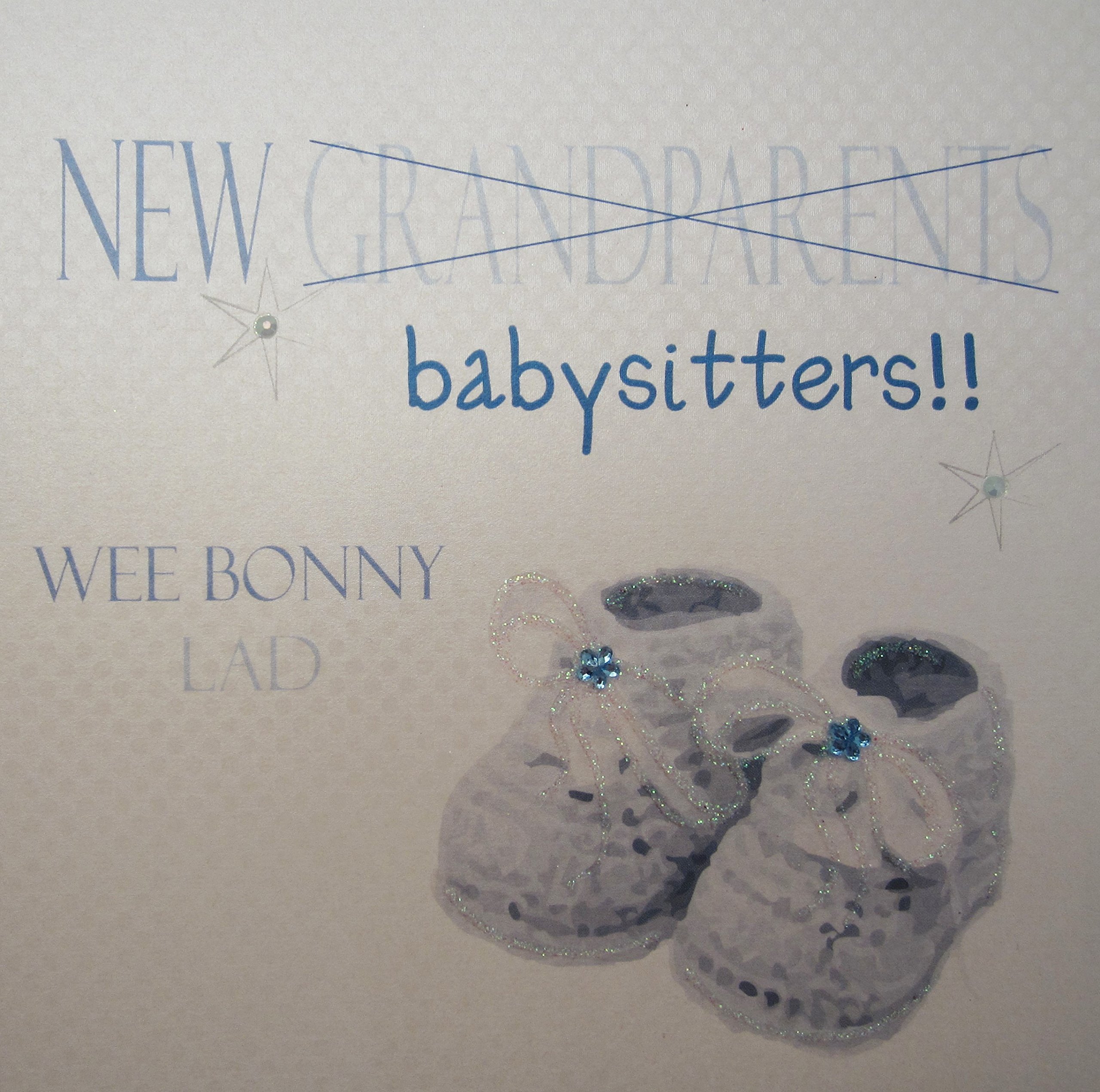 White Cotton Cards Grandparents/Babysitters Wee Bonny Lad, Handmade New Baby Card (Blue Booties)