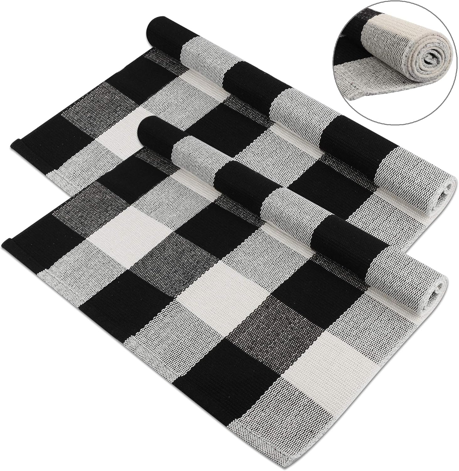 2 PCS Cotton Buffalo Plaid Rugs, Black and White HandWoven