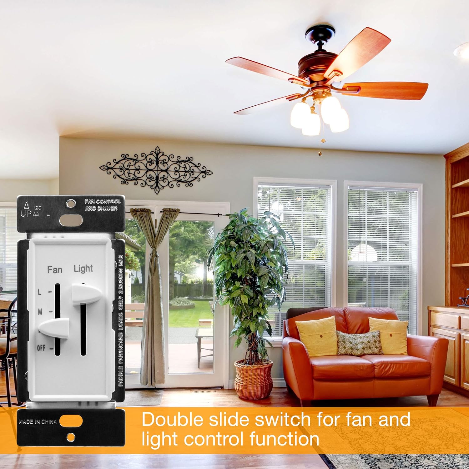 ENERLITES 3 Speed Ceiling Fan Control and LED Dimmer Light Switch, 2.5A Single Pole Light Fan Switch, 300W Incandescent Load, No Neutral Wire Required, 17001-F3-W, White - - 