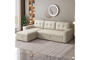 ACQCA 81.5" Sectional Sleeper Sofa with Storage Chaise, L Shaped Pull Out Couch Bed with 3 Removable Back Cushion for Living Room,Apartment,Beige