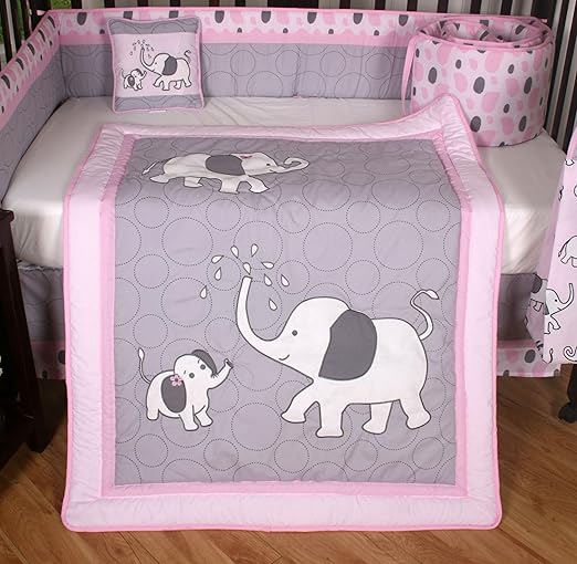 pink grey elephant baby bedding