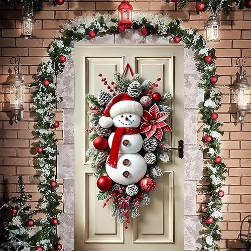 Christmas Decorations, Christmas Decorations Wreaths for Front Door Ornaments Snowman Door Hanging Cover Decoration Xmas Red Mixed Glitter Finish Decoration Artificial and Natural Mix Decor