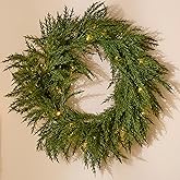 Valery Madelyn Real Tough Norfolk Pine Wreath for Front Door, 20'' Outdoor Christmas Wreath with Lights, Artificial Fake Pine Needles Wreath for Home Wall Window Porch Fireplace Winter Holiday Decor