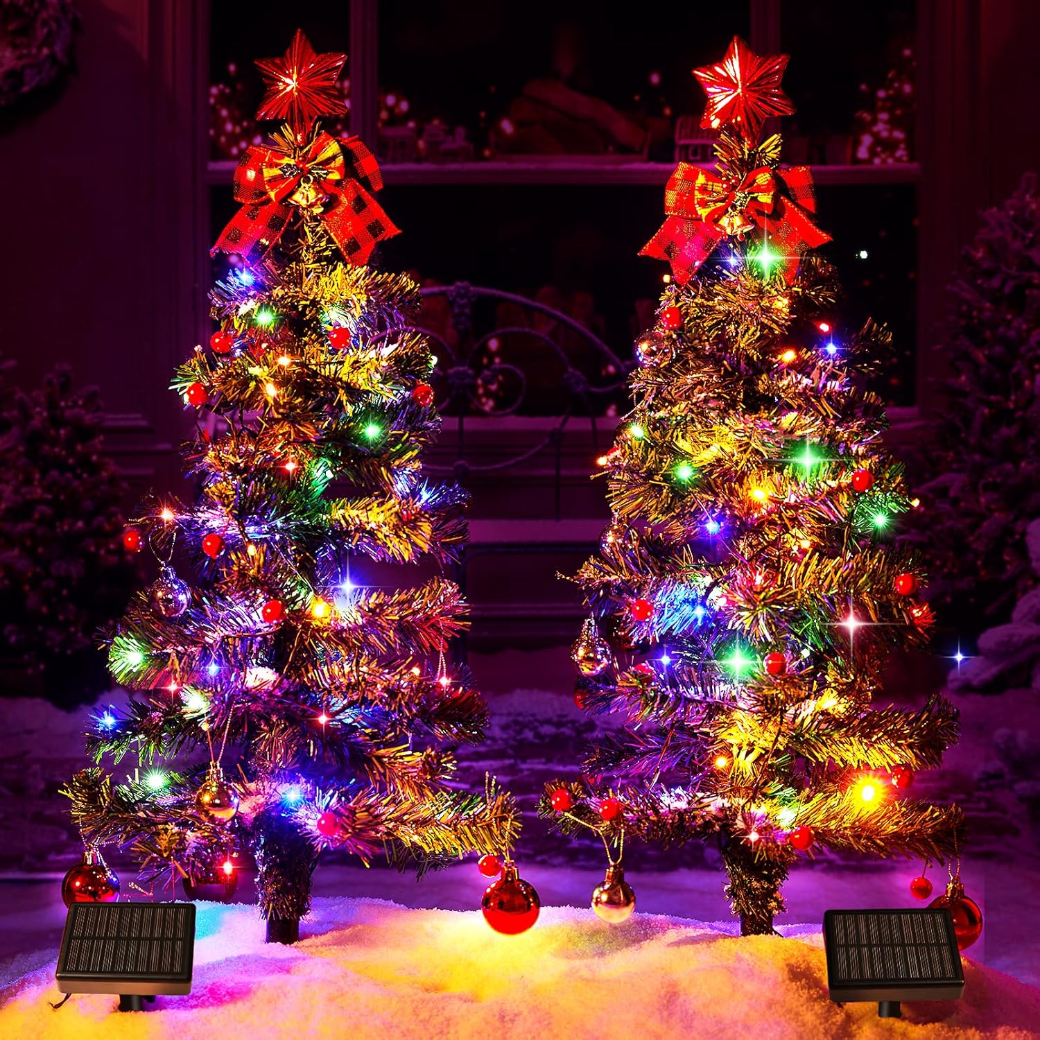 Lighting - COXSENI 68LED Solar Christmas Tree Lights Outdoor Waterproof, 8 Modes Solar Xmas Trees Lights with Xmas Ball & Red Berry, Solar Powered Christmas Decorations for Outside Pathway Garden Yard Decor,2PCS