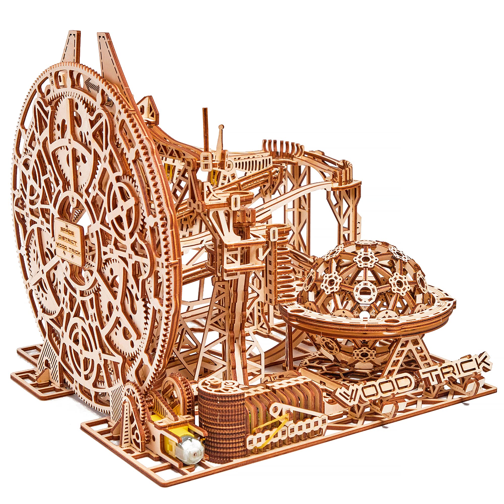 Wood Trick Wooden Marble Run Electric Motorized - 3D Wooden Puzzles for Adults to Build - 15x14 in - Roller Coaster Wooden Model Kits for Adults to Build