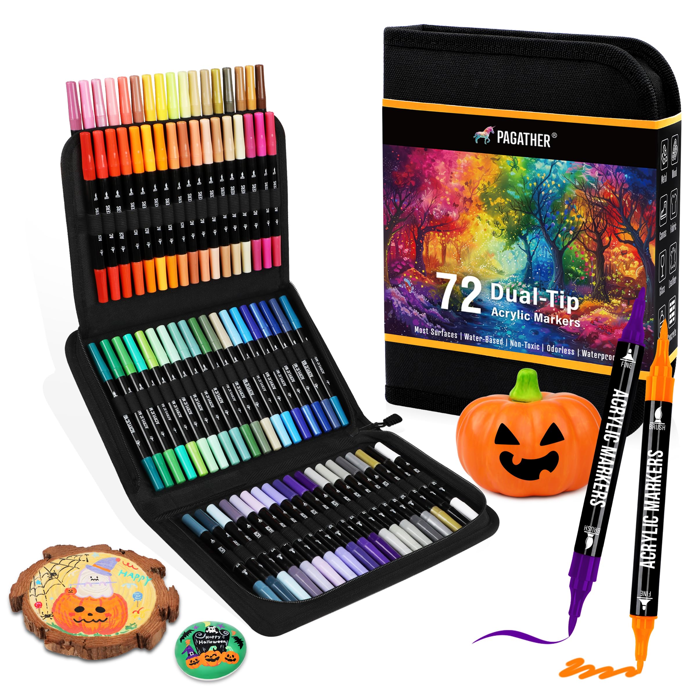 72 Colors Acrylic Paint Markers, Dual Tip with Fine Tip and Brush Tip Pens for Stone, Wood, Calligraphy, Canvas, Ceramic, Metal, Glass, Rock Painting, DIY Crafts Art Supplies Kit