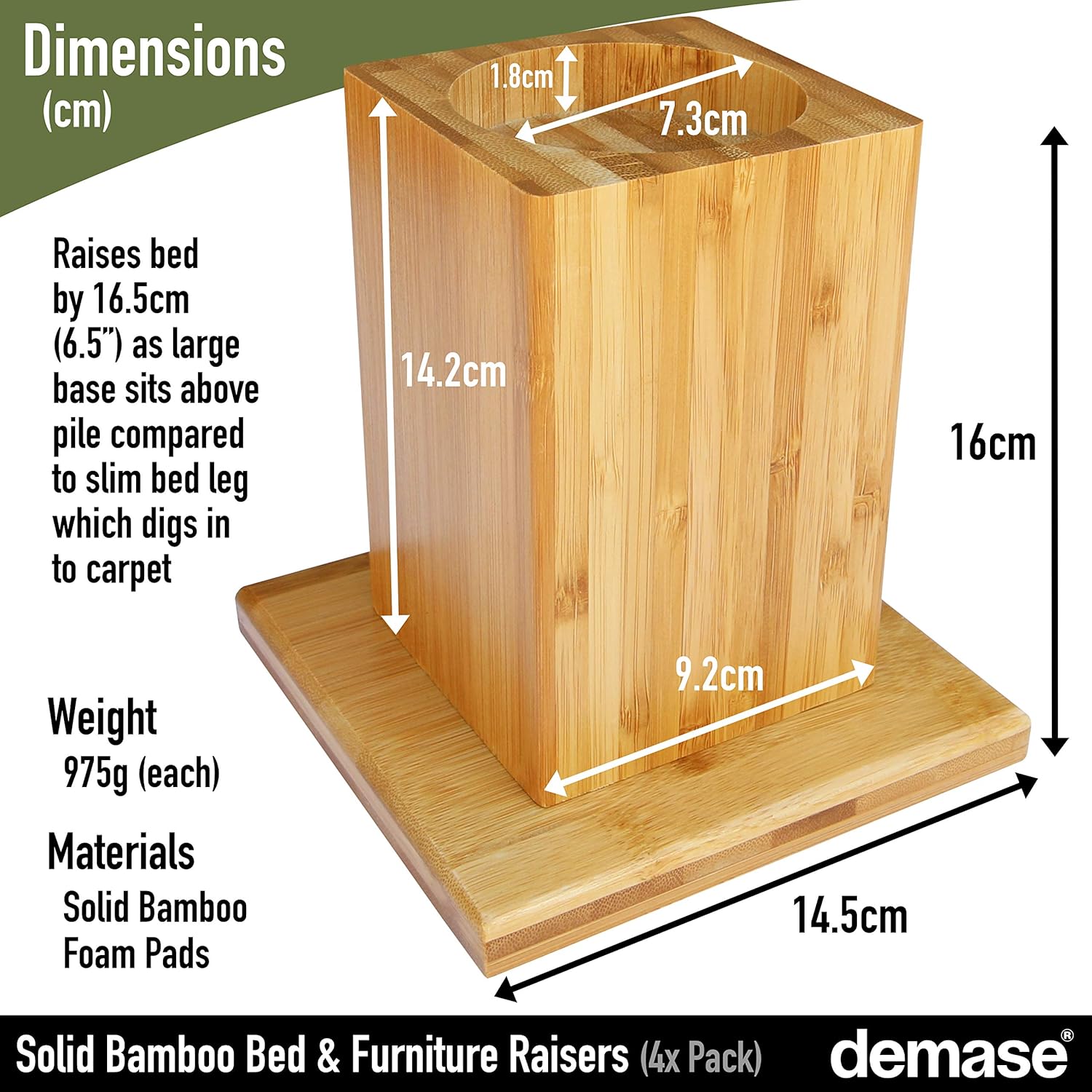 Demase Solid Bamboo Bed & Furniture Raisers Add 6.5″ of Height and Get In and Out of Your Bed