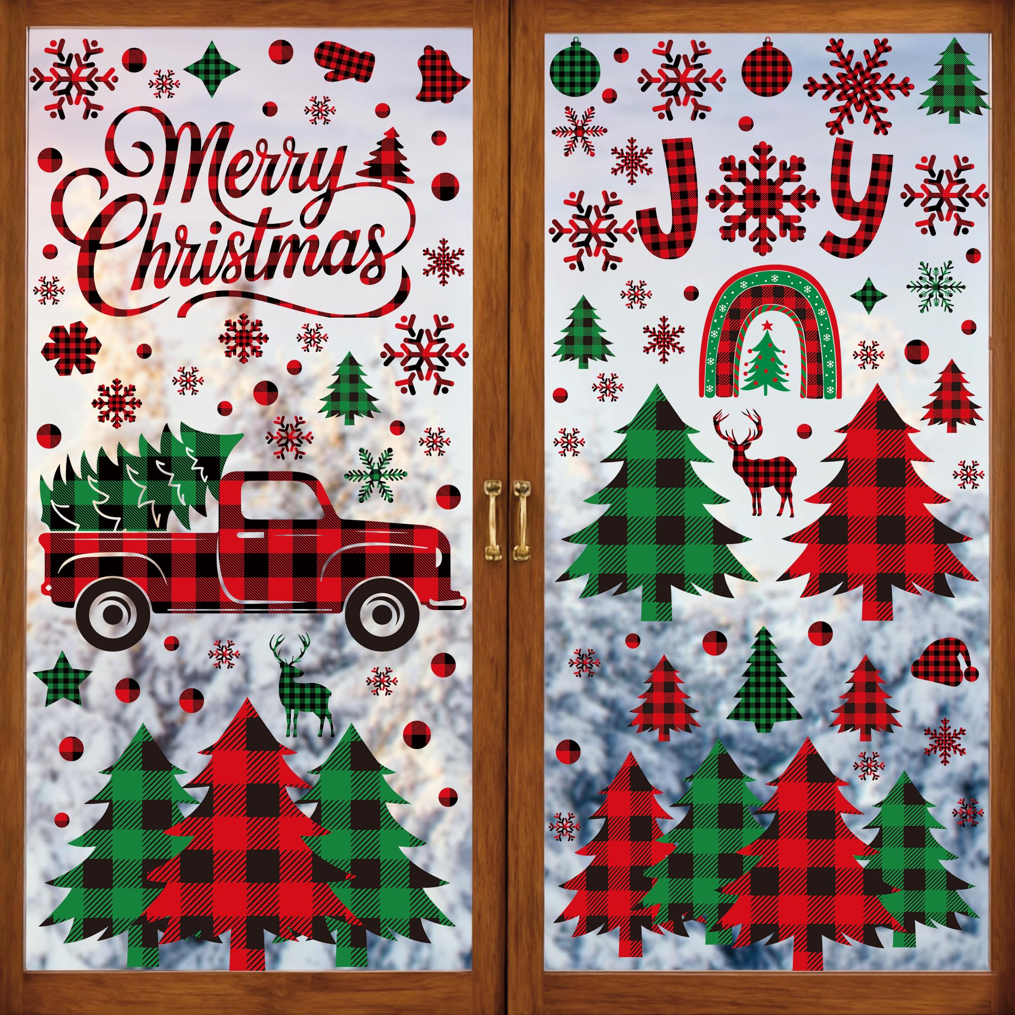 Photo 1 of 217 PCS Merry Christmas Window Clings, Red Black Green Plaid Christmas Tree Patterned Decorations, Double Sided Snowflake Decals Stickers for Winter Xmas Party Home Indoor Decorations Decor