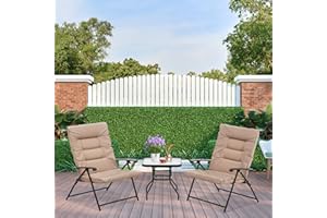 Brightpeak 3 Pieces Patio Folding Bistro Set, Outdoor Metal Adjustable Recliner Furniture Set, Conversation Set with 2 Foldable Padded Chairs and Glass Top Coffee Table (Brown)