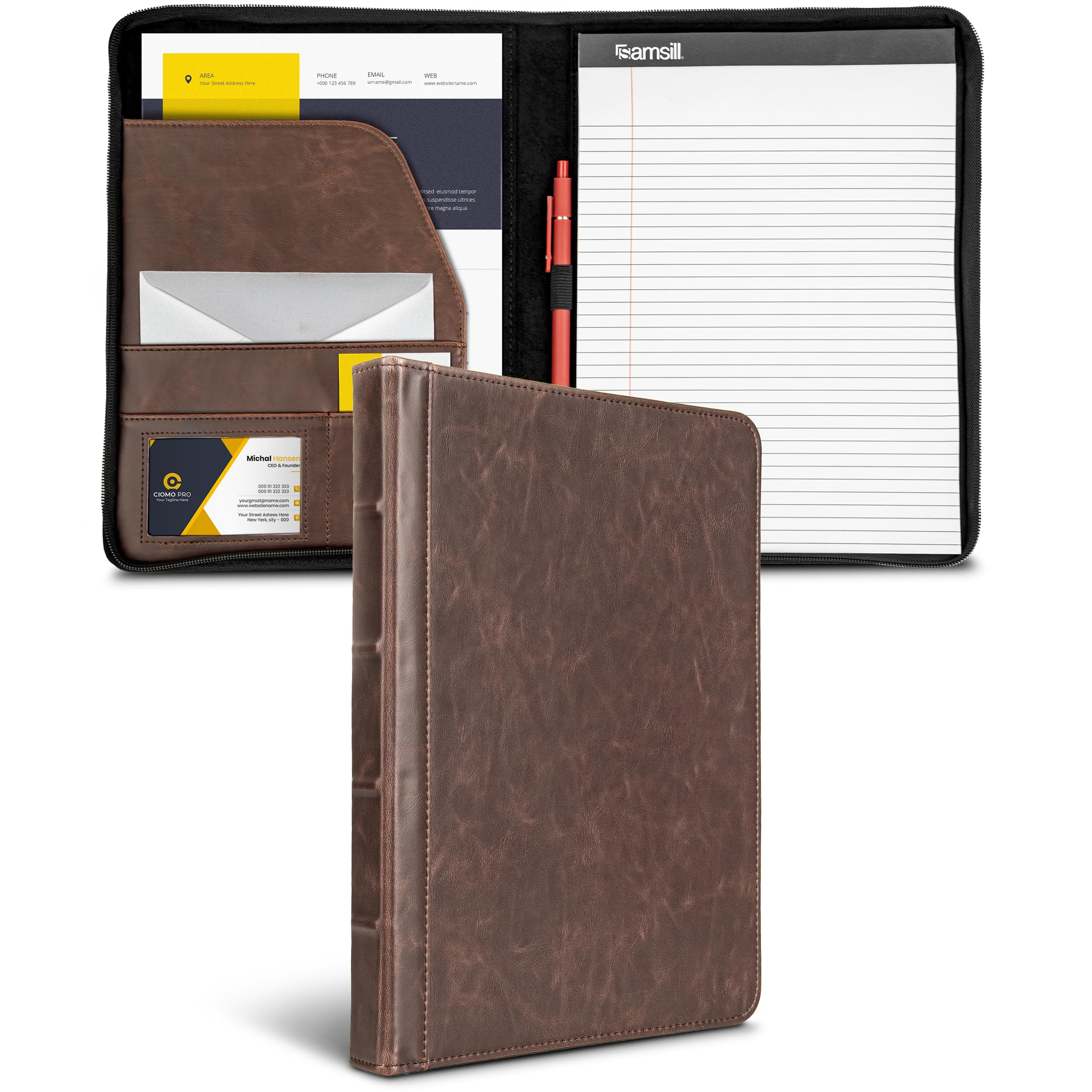 Samsill Vintage Portfolio/Zipper Faux Leather Portfolio, Book Style Hardback Design, Business & Interview Padfolio Organizer, 8.5 x 11 Writing Pad, Dark Brown