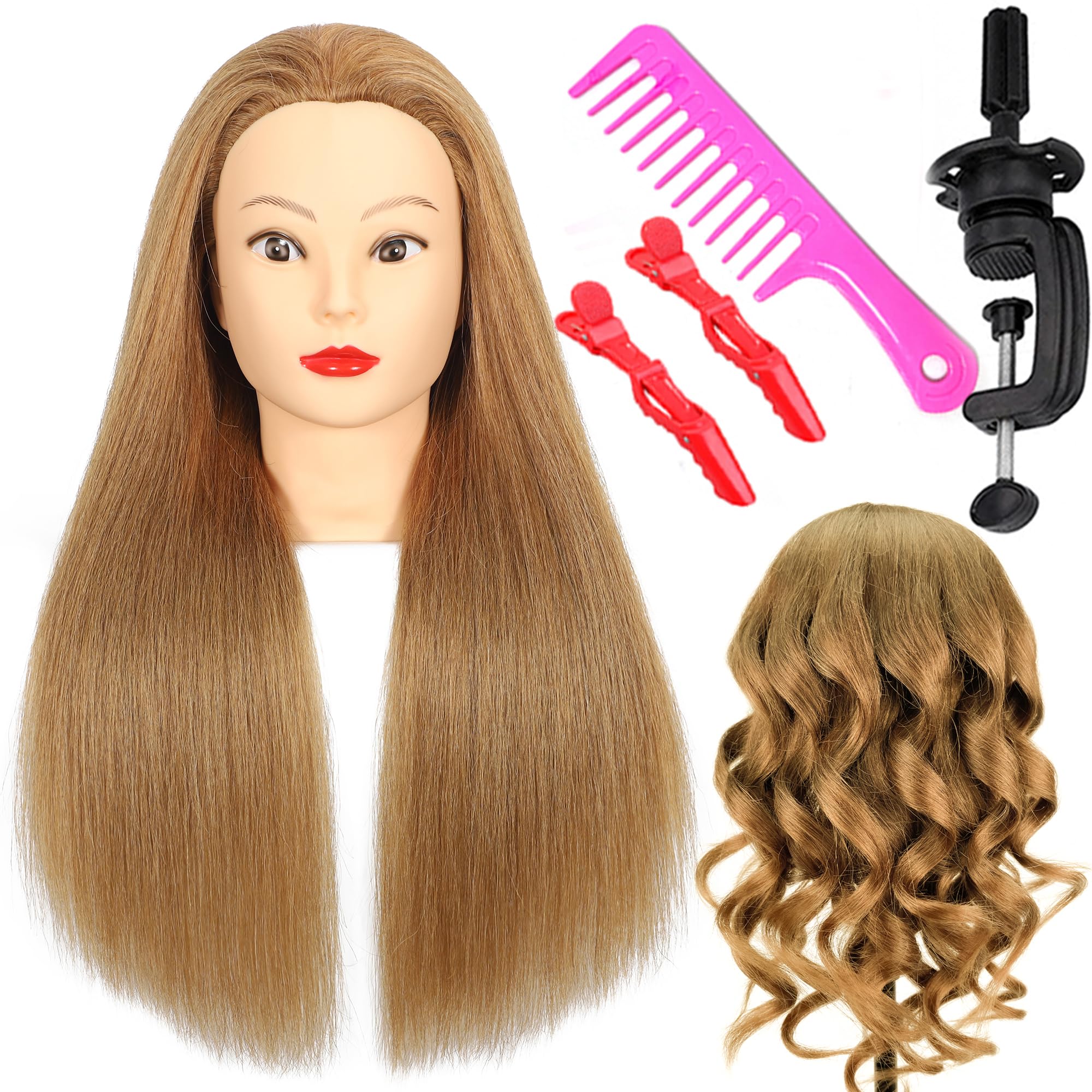Photo 1 of 100% Real Hair Female Mannequin Head,20"Blonde Cosmetology Mannequin Head Hair Styling Hairdressing Practice Training Head Cosmetology Manikin Head Doll Head for Hairdresser with Clamp
