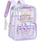Clear Backpack for School,Large Bookbag Heavy Duty See Through Butterfly Backpacks for Girls Stadium Approved Daypack Transparent Shoulder Bags for Students,Teens,Women,Work,Travel,Concert Purple