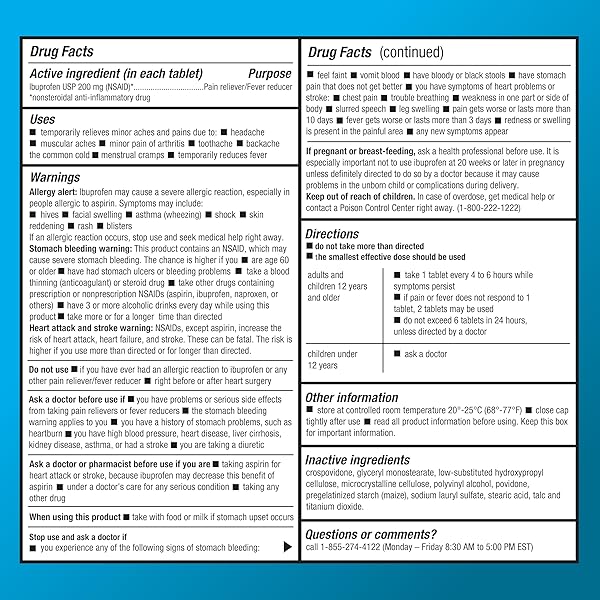 AMAZON BASIC CARE IBUPROFEN TABLETS 200 MG, PAIN RELIEVER/FEVER REDUCER, NSAID FOR BACKACHE, MENSTRUAL PAIN, ARTHRITIS, 100 COUNT (PACKAGING MAY VARY)