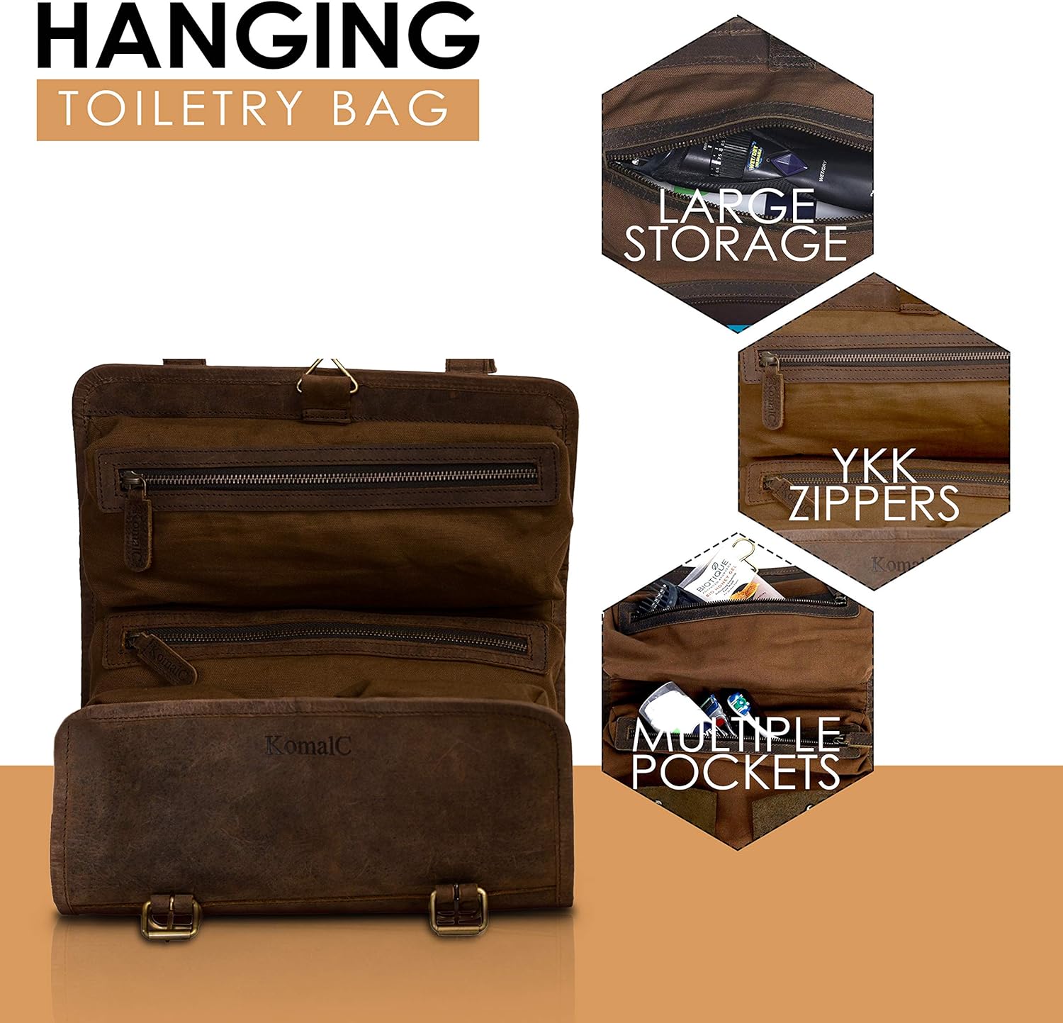 KOMALC Genuine Buffalo Leather Hanging Toiletry Bag Travel Dopp Kit … (Distressed Tan): Clothing