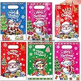 CUUSNNY 60 Pcs Christmas Plastic Gift Bags,Merry Christmas Goodie Bags Santa Claus Snowman Treat Candy Bag Bulk Party Favor Bag for Xmas Holiday Party Supplies 6.5 × 9.8 In
