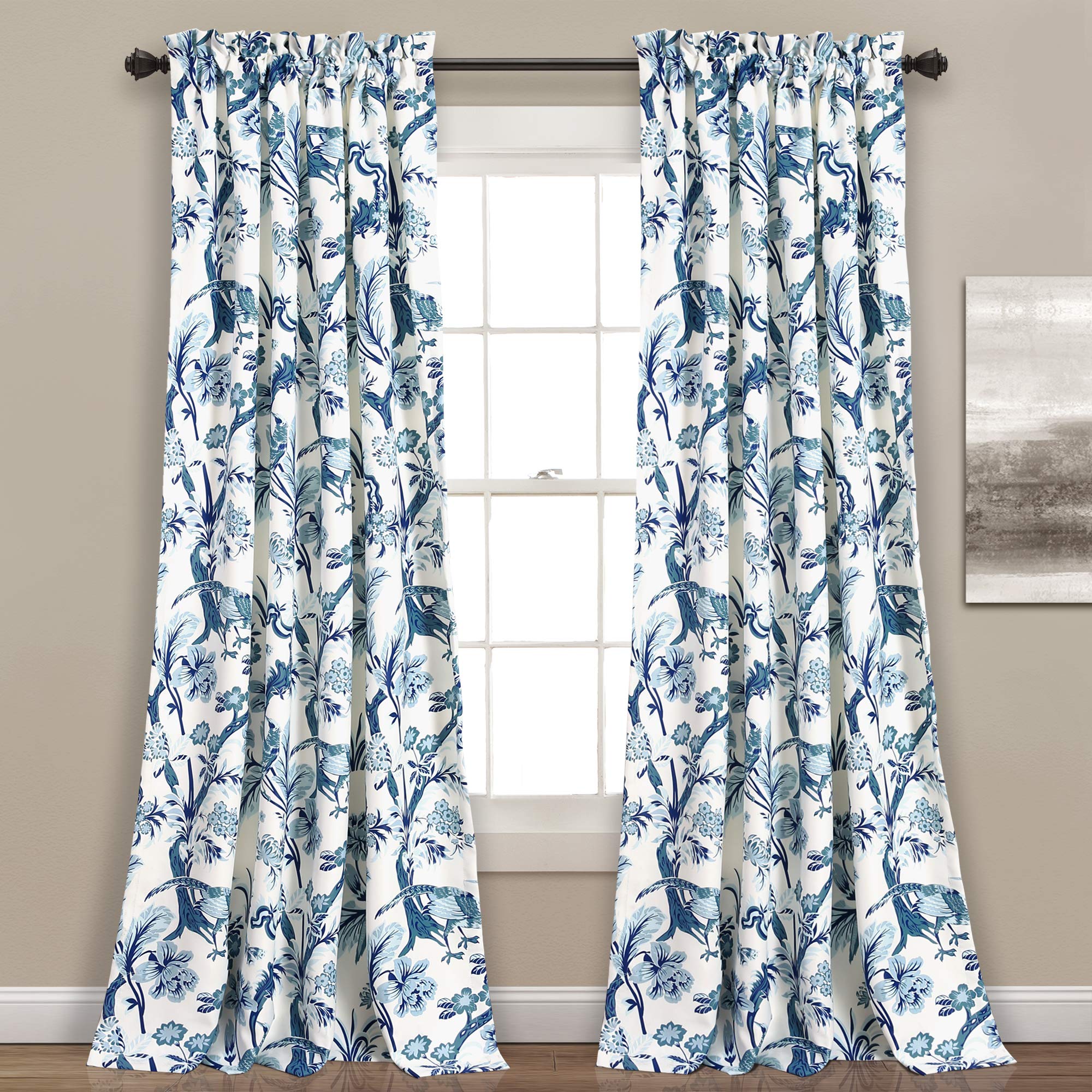 Lush Decor Dolores Light Filtering Window Panels, Pair, 52" W x 108" L, Blue - Toile Curtains - Floral Bird Print - Grandmillennial & French Country Curtains - Cottage & Maximalist Home Decor