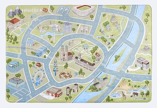 Happy CITY Kids Spielteppich MÜNCHEN, Design-Strassenteppich fürs Kinderzimmer, 180 x 130 cm, samtweich, waschbar,
