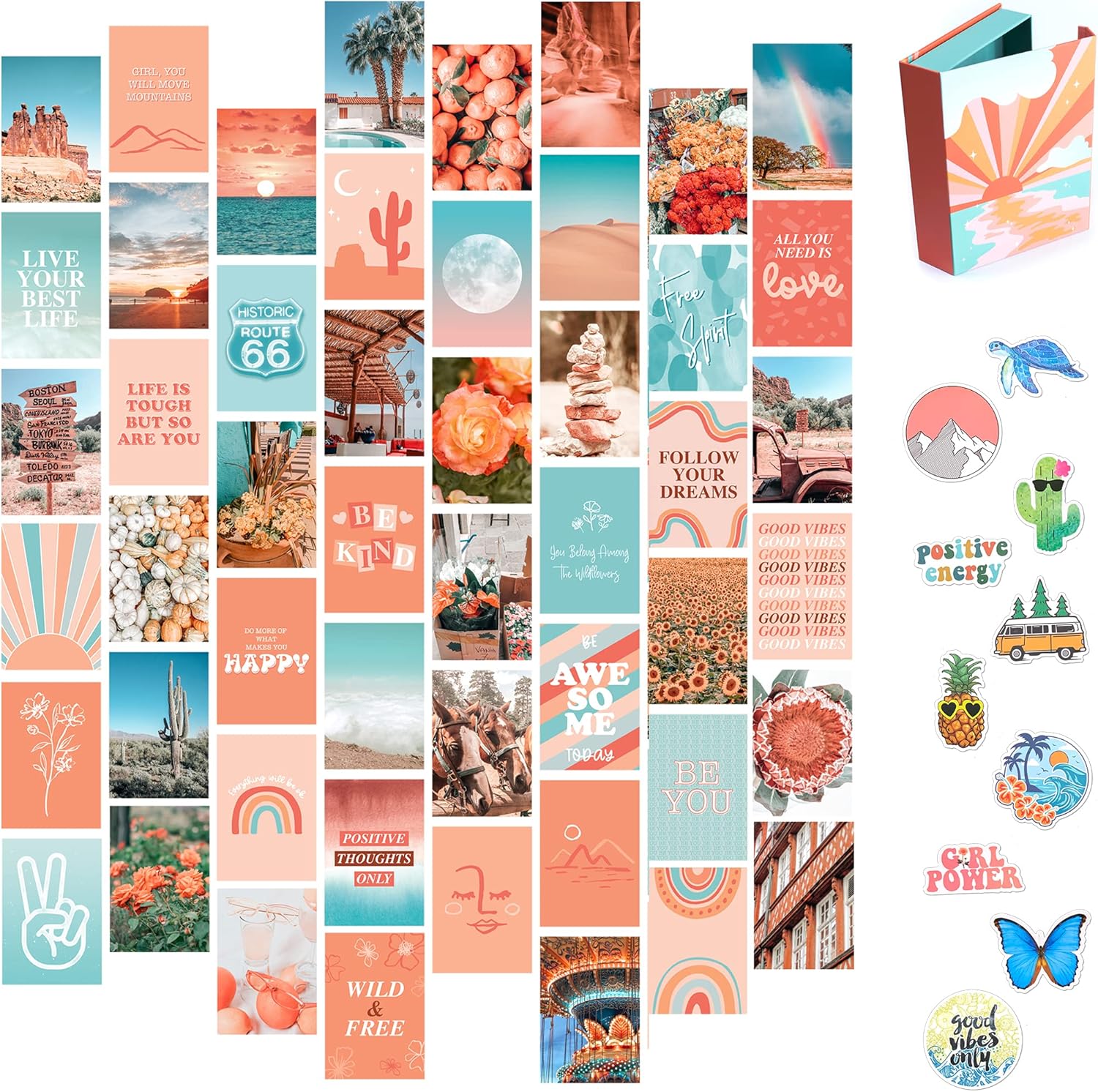 Posters & Prints - Artivo Peach Teal Wall Collage Kit for Aesthetic Pictures, 50 Set 4x6 inch, VSCO Girls Bedroom Decor, Cute Boho Wall Decor, Dorm Photo Collection