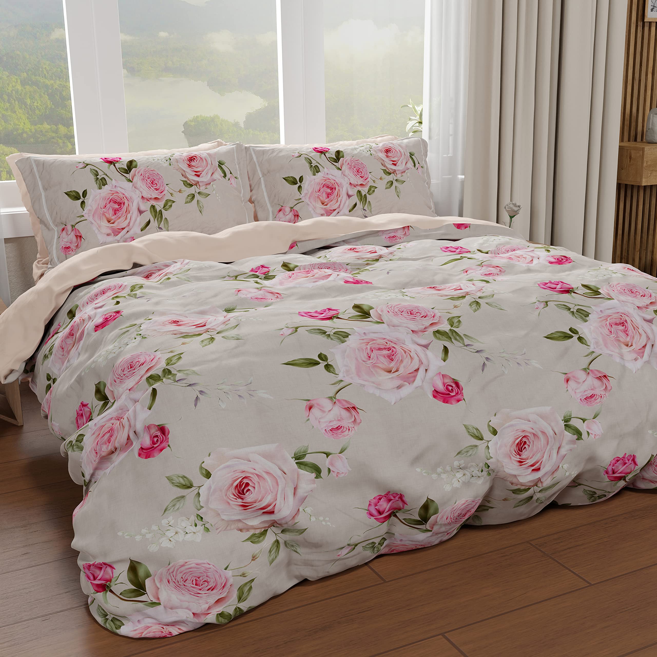PETTI Artigiani Italiani - Double Duvet Cover 200 x 200 cm, Microfibre Duvet Cover with Digital Print + 1 Pillowcase 50 x 80 cm - Made in Italy - Floral 20 Taupe