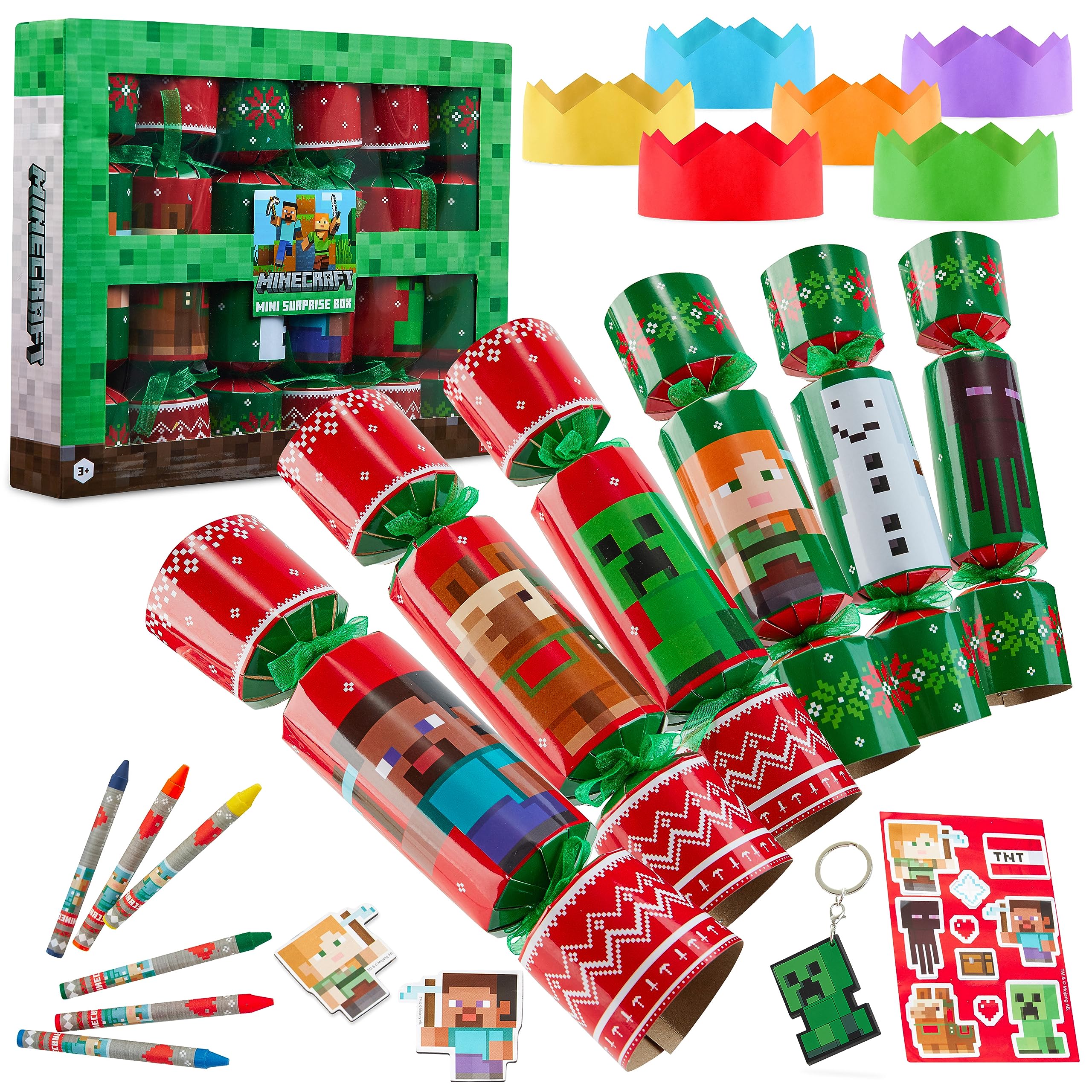 Minecraft Christmas Crackers Pack of 6 Mini Creeper Crackers for Kids with Gifts Keychain Crayons Stickers Gamer Gifts
