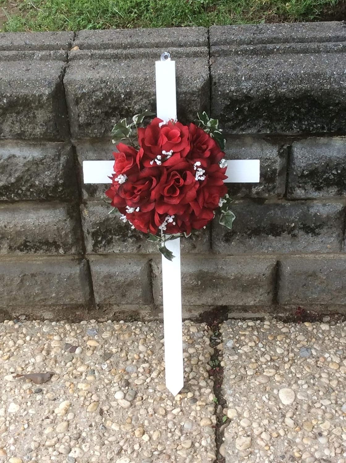 Cemetery Cross, Silk Red Roses, Memorial Cross Handmade