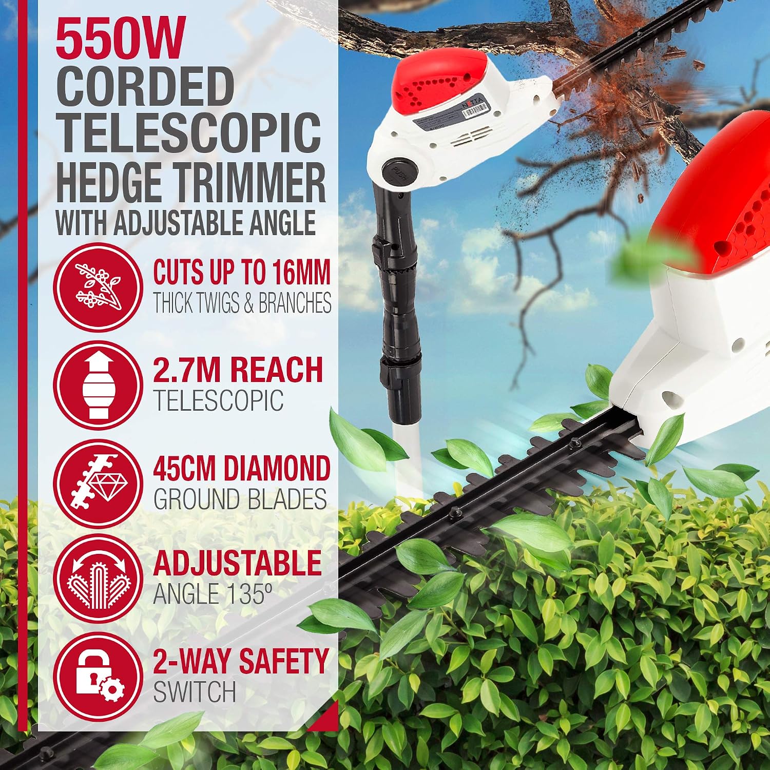 NETTA Pole Hedge Trimmer Long Reach, 550W Electric Hedge Trimmer Telescope, 2.7m Extendable Tree Trimmer - Image 3