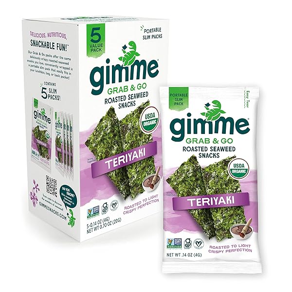 GIMME SEAWEED GRAB & GO ORGANIC PREMIUM ROASTED SEAWEED SNACKS, TERIYAKI, 5 COUNT TRAYLESS, KETO, VEGAN, GLUTEN-FREE, SOURCE OF OMEGA3S AND IODINE, HEALTHY ON-THE-GO SNACK FOR KIDS AND ADULTS