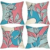 Fjfz Abstract Flower Decorative Throw Pillow Covers 18 x 18 Set of 4, Pink Blue Floral Modern Art Porch Outdoor Home Decor, Minimalist Geometric Botanical Sofa Couch Cushion Case