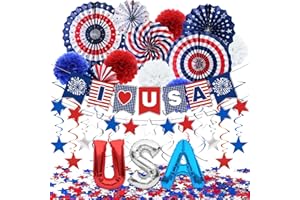 DMIGHT 4th of July Decorations, 33PCS Patriotic Memorial Day Decorations Set with Banner, USA Balloons, Paper Fans, Star Streamer, Hanging Swirls, Paper Pom Poms for Fourth of July Red White and Blue