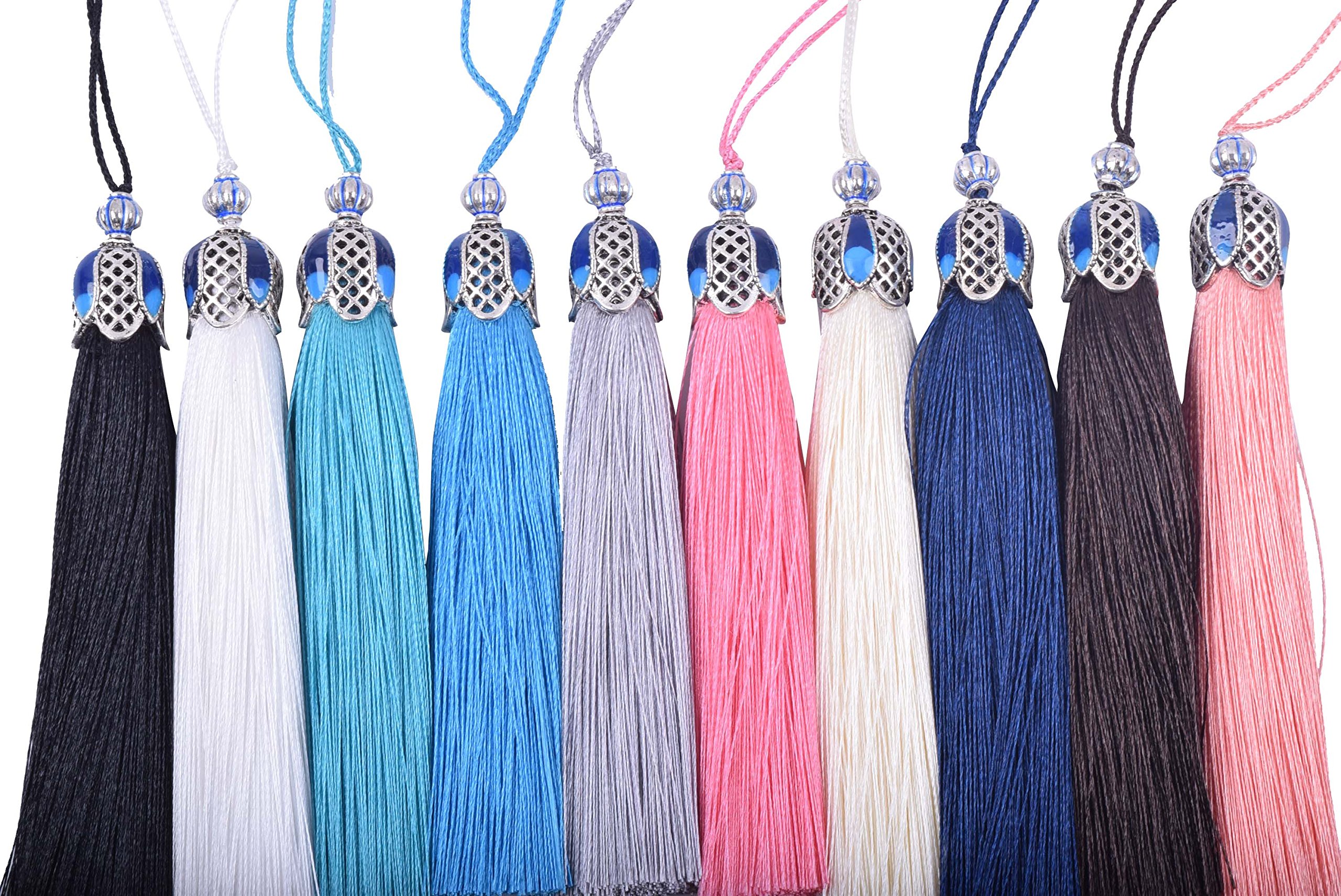 KONMAY 10PCS 8.5cm(3.4'') Craft Tassels with Hollowed Antique Silver Caps and Hanging Loops for Jewelry Making, Crafts Designs, Decorations (Mixed Randomly)