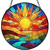 XFCICRLJ Sunshine Suncatcher Stained Glass Window Hanging, Nature Sunset Landscape Sun Catchers Indoor Window Glass Wall Art Decor, Sun Wall Hanging Decor Decorations, 7.9x7.9 Inch