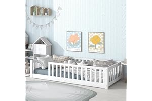 PVWIIK Twin Size Montessori Floor Bed with Wood Slats for Kids Bedroom,Wood Montessori Bed Frame with Safety Guardrails for Girls & Boys,Space Saving Design,White