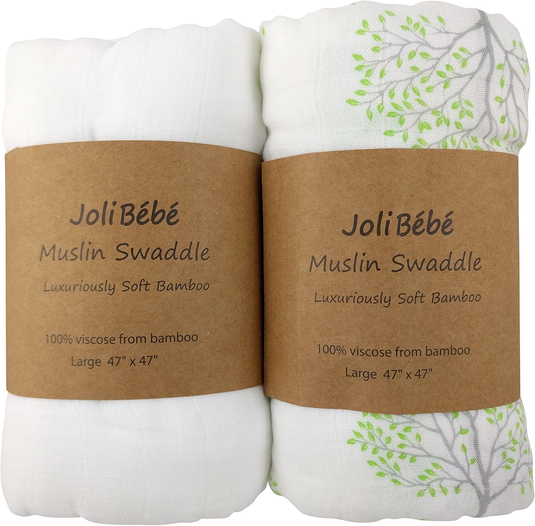 JoliBebe Baby 100% Bamboo Muslin Swaddle Blanket | Unisex For Boy Or Girl | Extra Large 47x47 inch Silky Soft White and Green Tree (2 Pack)