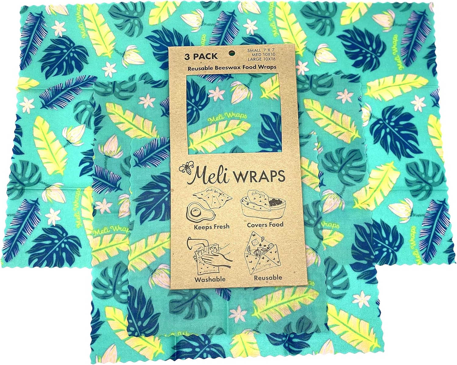 Meli Wraps Beeswax Wraps - Reusable Food Wrap Alternative to Plastic Wrap. Certified Organic Cotton, Made with Hawaiian Beeswax. 3-Pack includes sizes (SML) in Beautiful Original Prints
