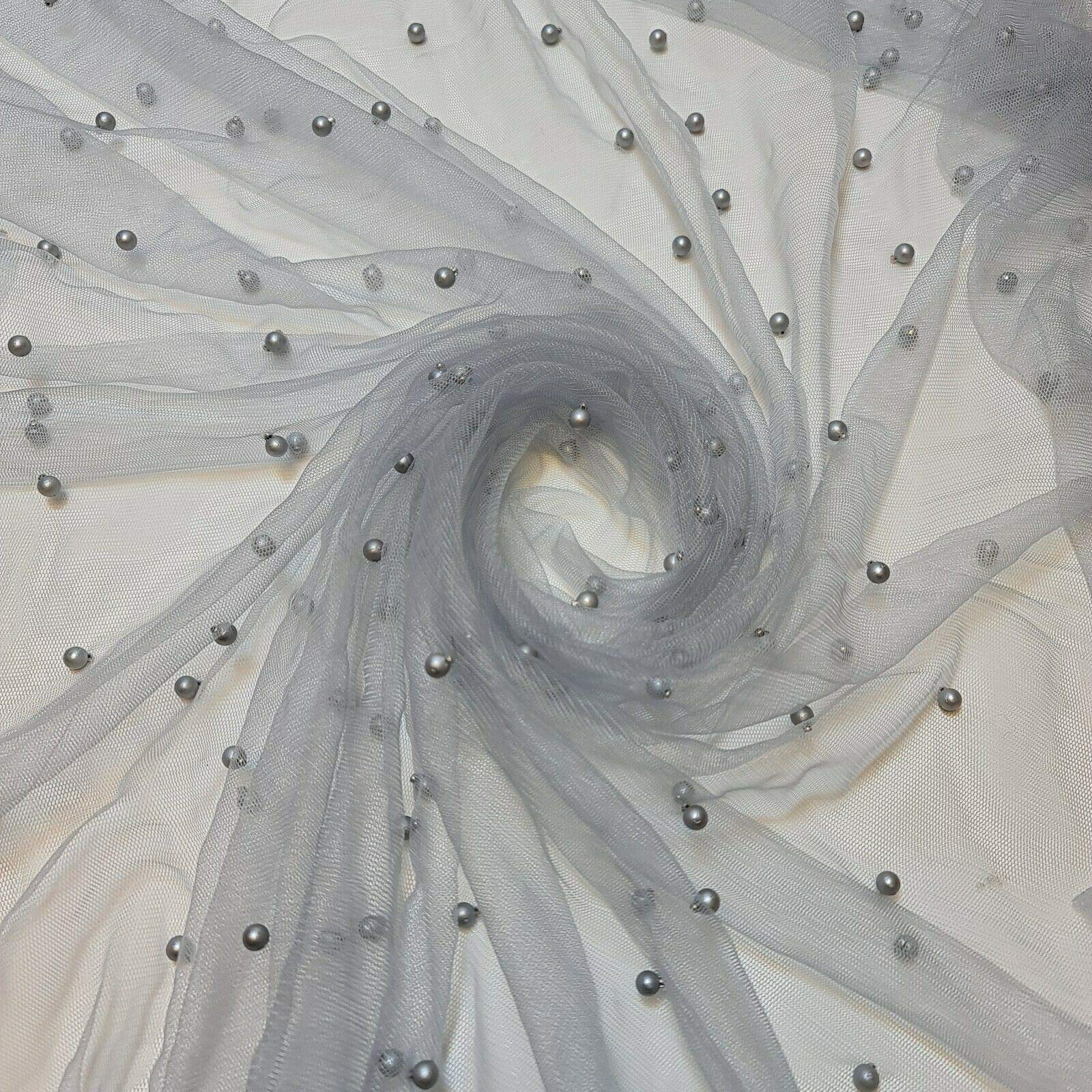 Textile Station 58" Wide Tulle Beaded Pearl Lace Net Fabric Bridal Veil Wedding Backdrop Décor Available in 25 Colours (Silver, 5 METER)