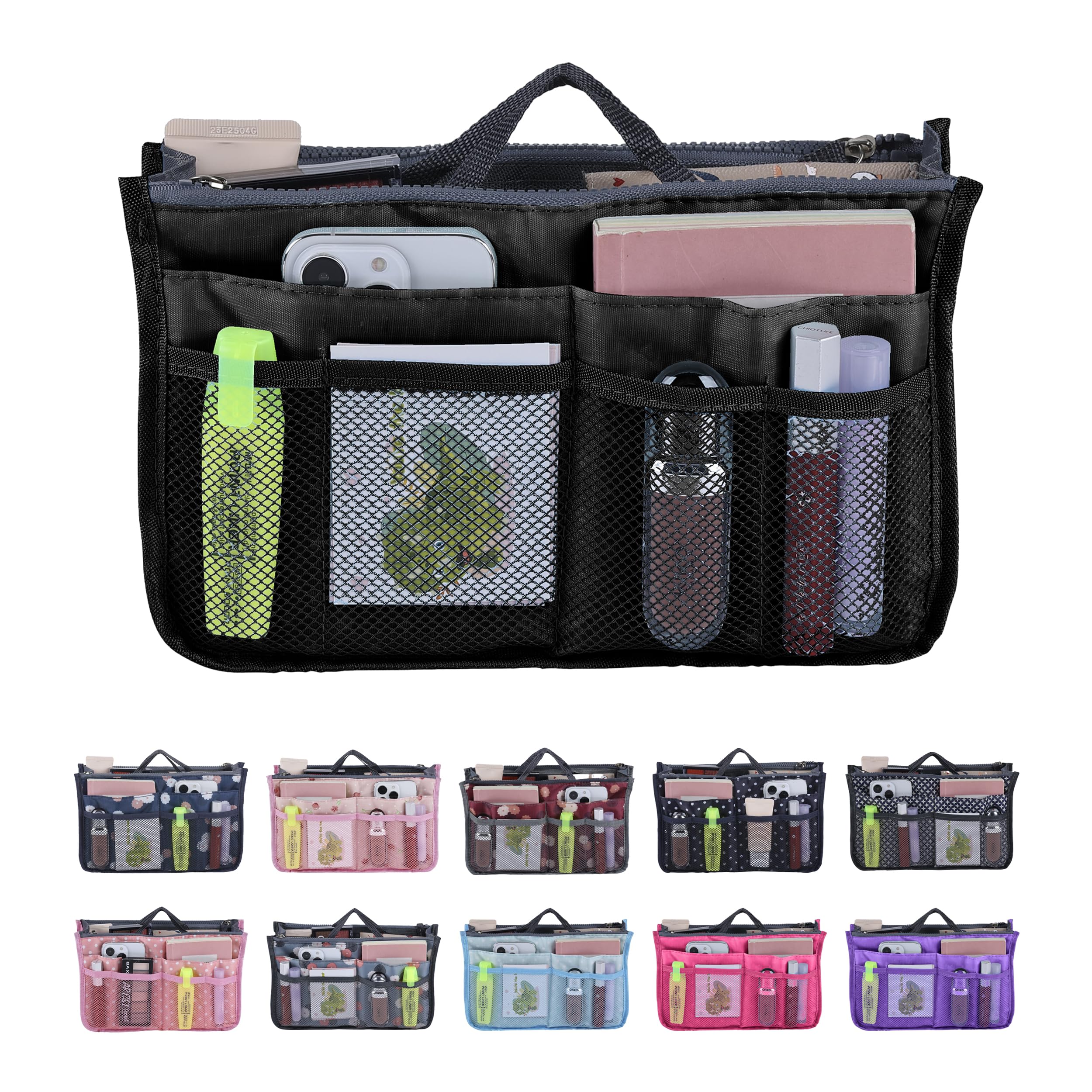 JJ PRIME - Multi-Compartment Handbag Insert | Expandable Liner Bag Pouch Zipper Closure | Tote Bag Organiser Insert with 13 Pockets and Handle for Easy Lifting (Travel, Cosmetics, Toiletries), Black