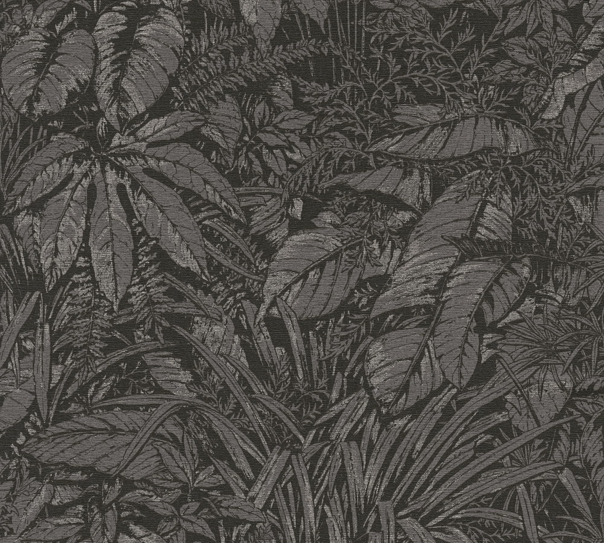 Livingwalls Wallpaper Black Grey Jungle Wallpaper 395606 Non-Woven Wallpaper Floral with Subtle Metallic Effect in Silver Gold 10.05 m x 0.53 m