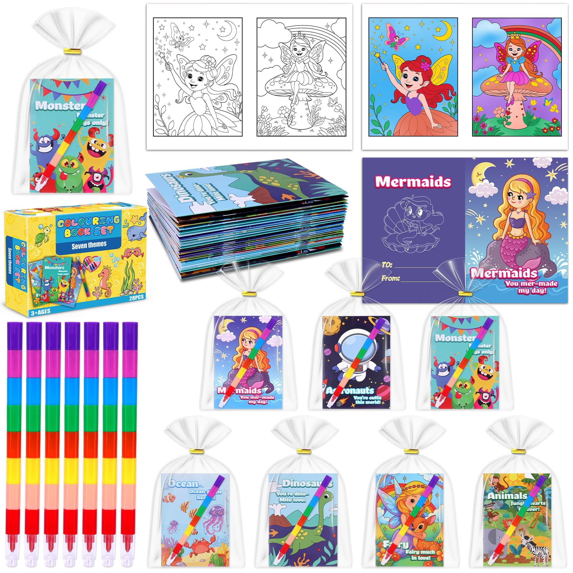 28 Pack Valentines Day Gifts for Kids School Classroom Exchange, Mini Coloring Books with 28 Crayons, 7 Fun Themes Non Candy Valentines Party Favors for Birthday Goodie Bag Stuffers Classroom Prizes