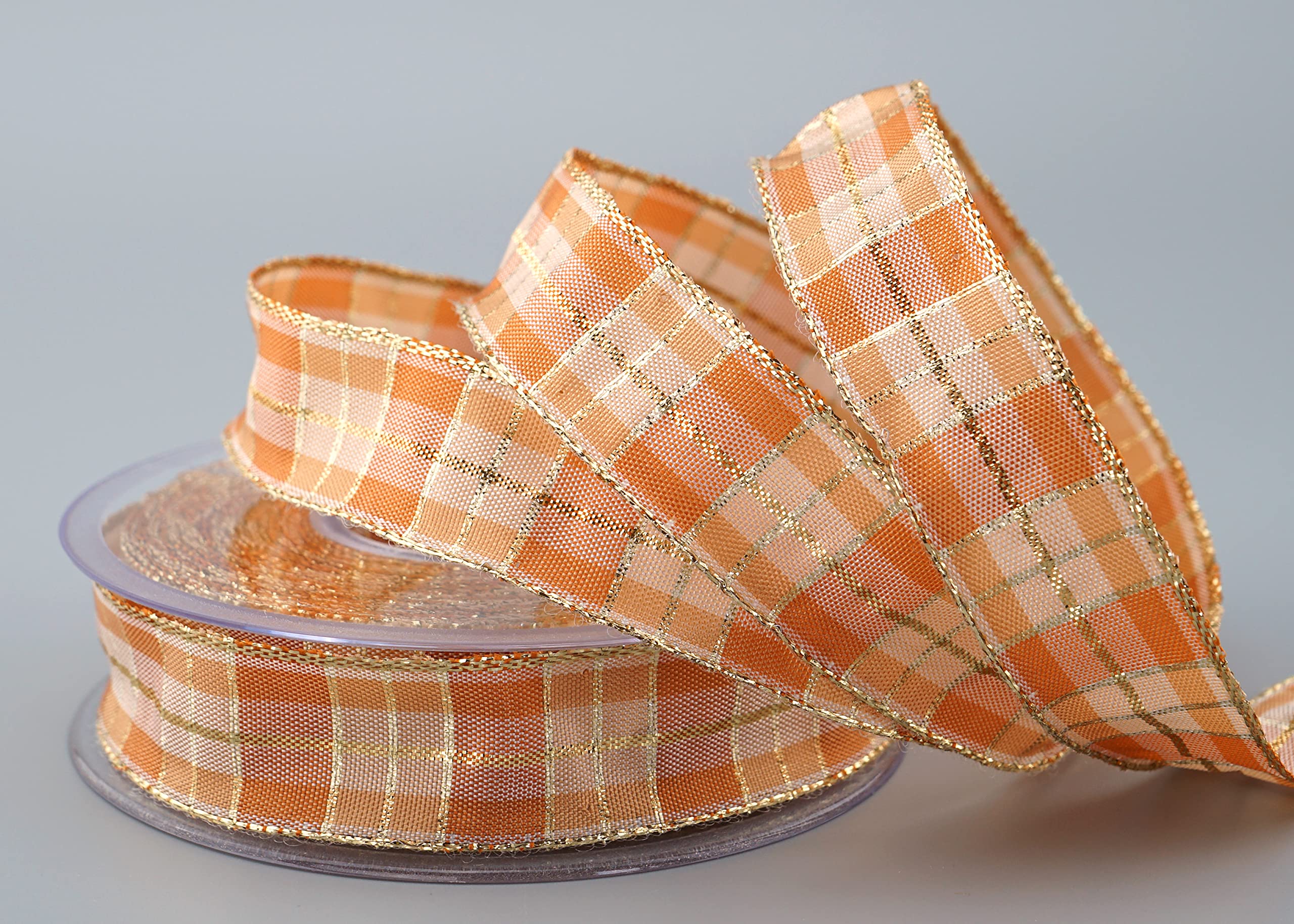 finemark 20 m x 25 mm Checked Christmas Ribbon, Apricot Gold (106) with Lurex Wire Edge Ribbon, Decorative Ribbon, Gift Ribbon, Tartan Gloss, Gold Edge, Wire Ribbon, Winter Christmas Check