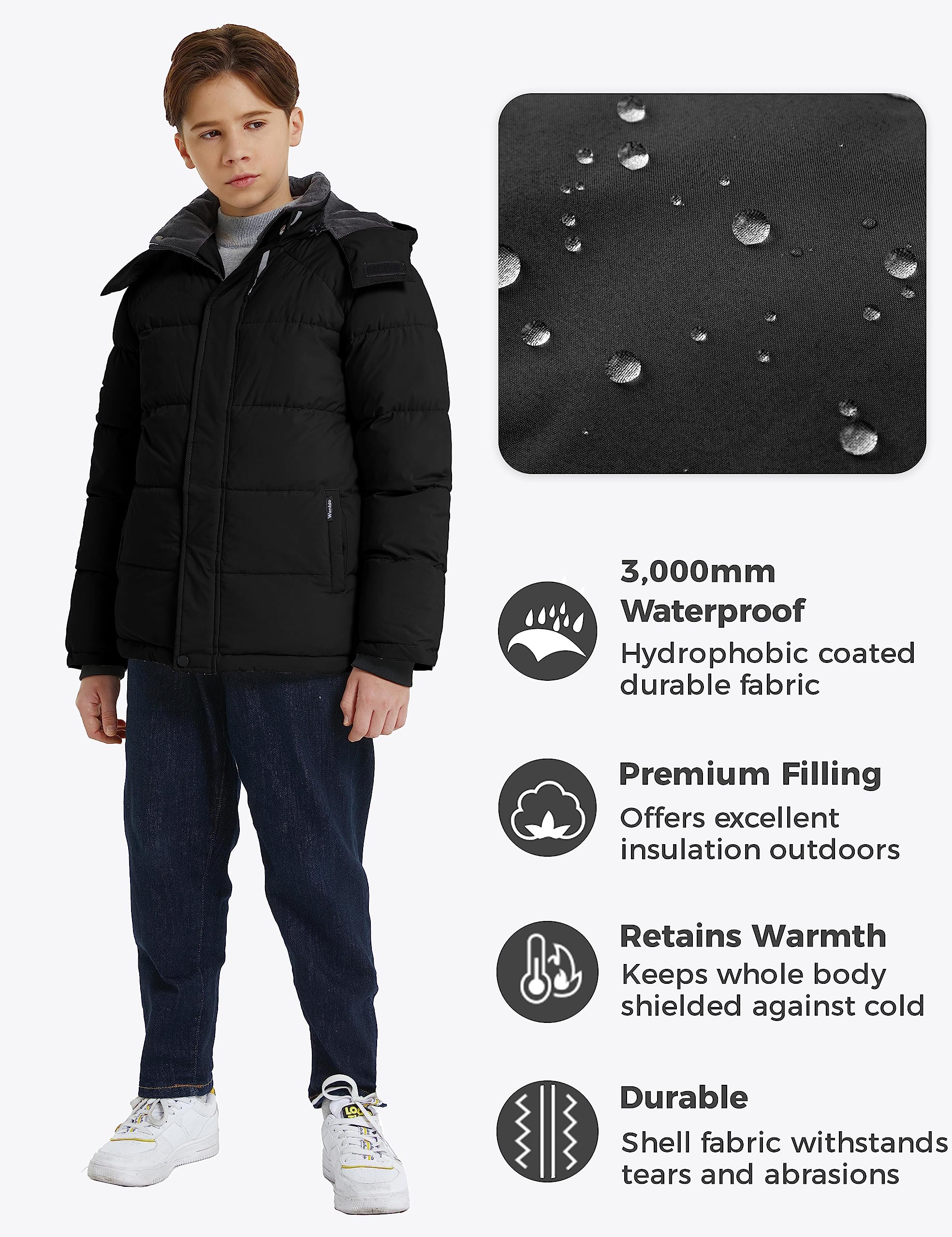 wantdo Boy's Fleece Winter Coat Waterproof Puffer Jacket Warm Winter Jackets with Hood