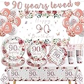 FVABO 90th Birthday Decorations for Women, Rose Gold Fabulous Happy 90th Birthday Party Supplies, Paper Plate, Napkin, Cup, Backdrop, Balloon, Tablecloth, 90 Years Loved Banner, Cutlery, Serves 24