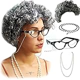 Vibe Old Lady wig Costume Set, Gray Hair Granny Wig with pearl necklace, glasses, glass chain Accessories, 5 pieces total