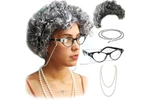 VIBE FESTIVAL GEAR Vibe Old Lady wig Costume Set, Gray Hair Granny Wig with pearl necklace, glasses, glass chain Accessories, 5 pieces total
