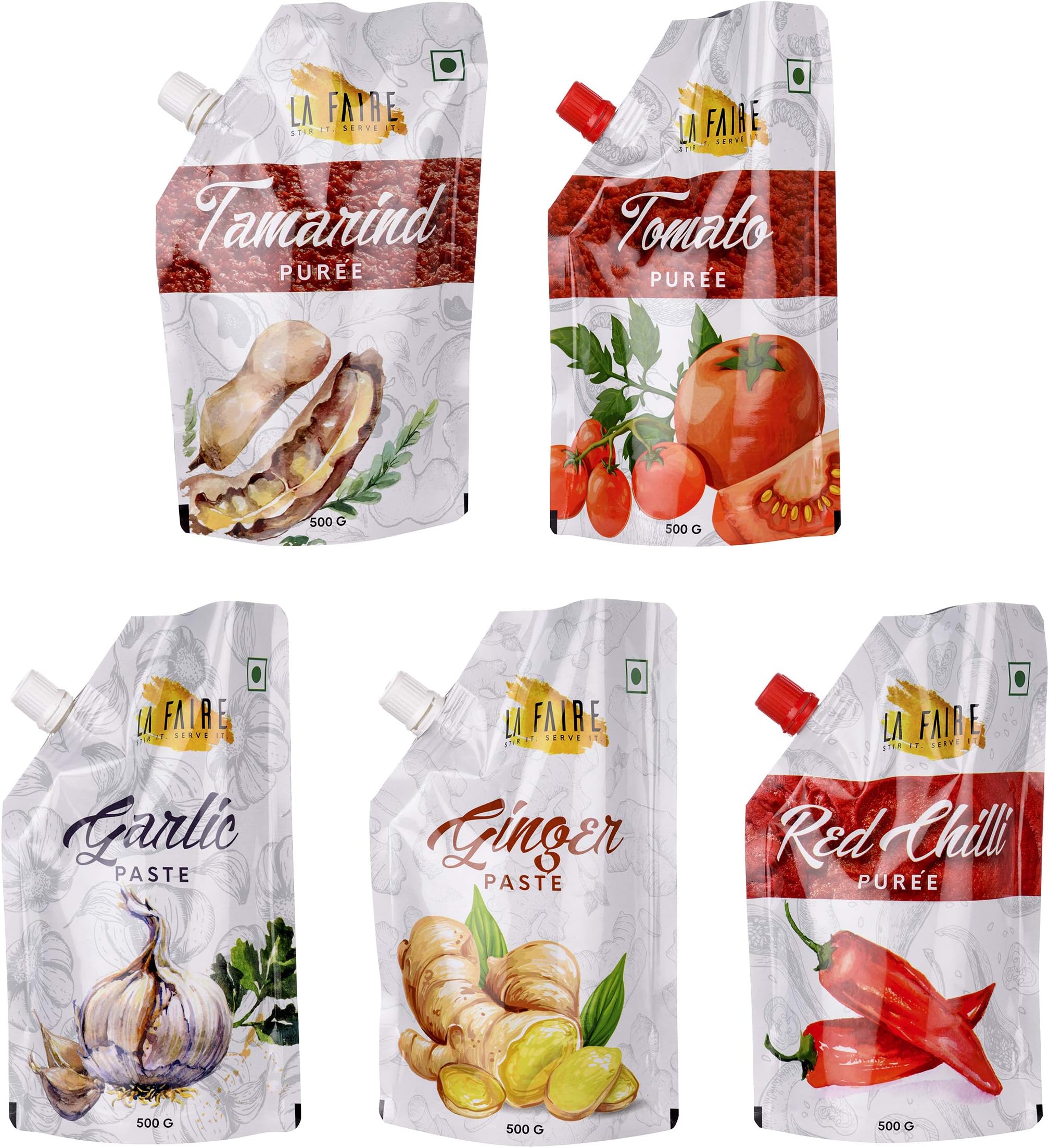La Faire Tomato Paste, Garlic Paste, Ginger Paste, Red Chilli Puree and Tamarind Puree, 2.5 kg (Combo of 5)